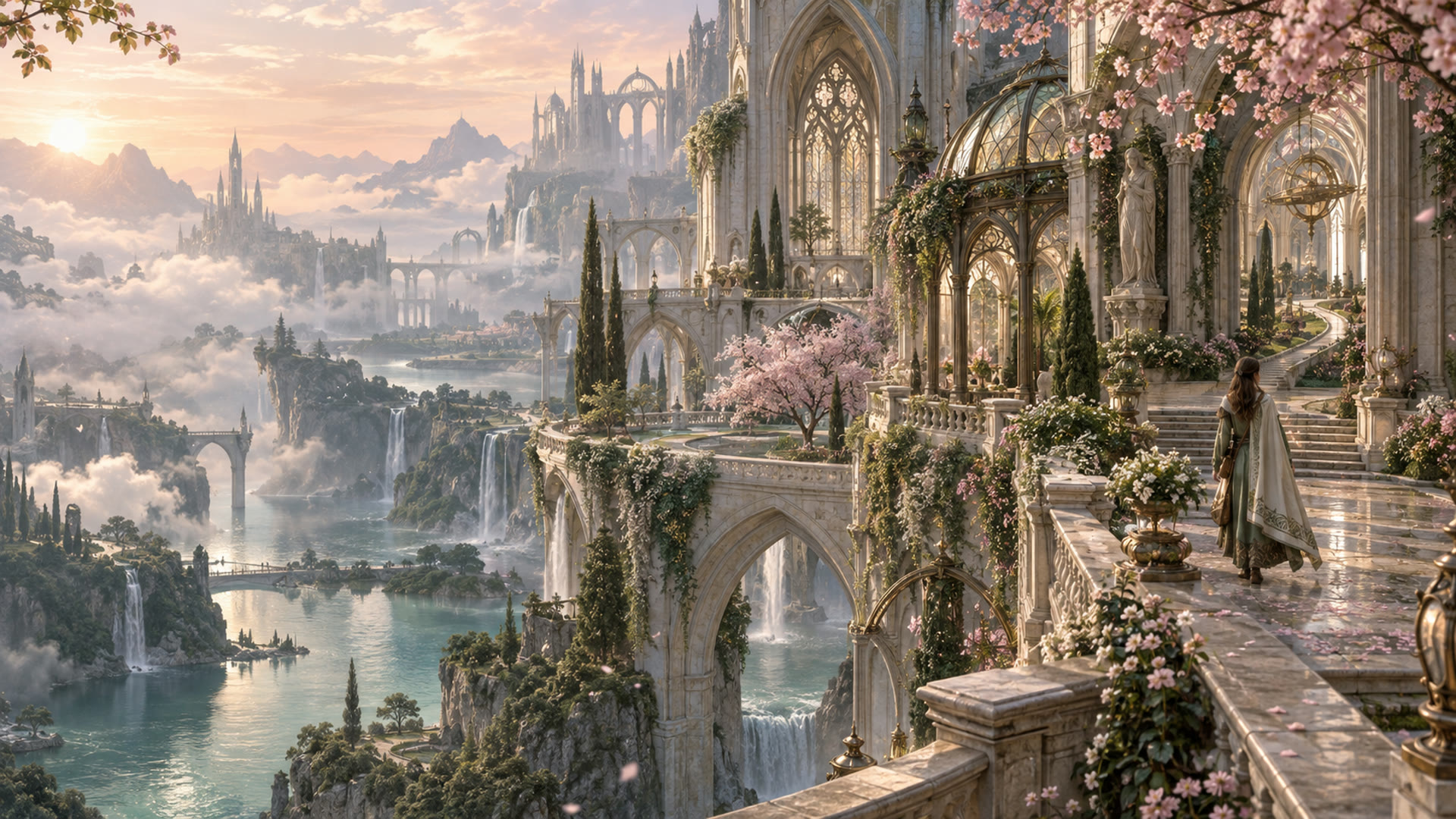 Fantasy abbey among spring blossoms, artwork from the game